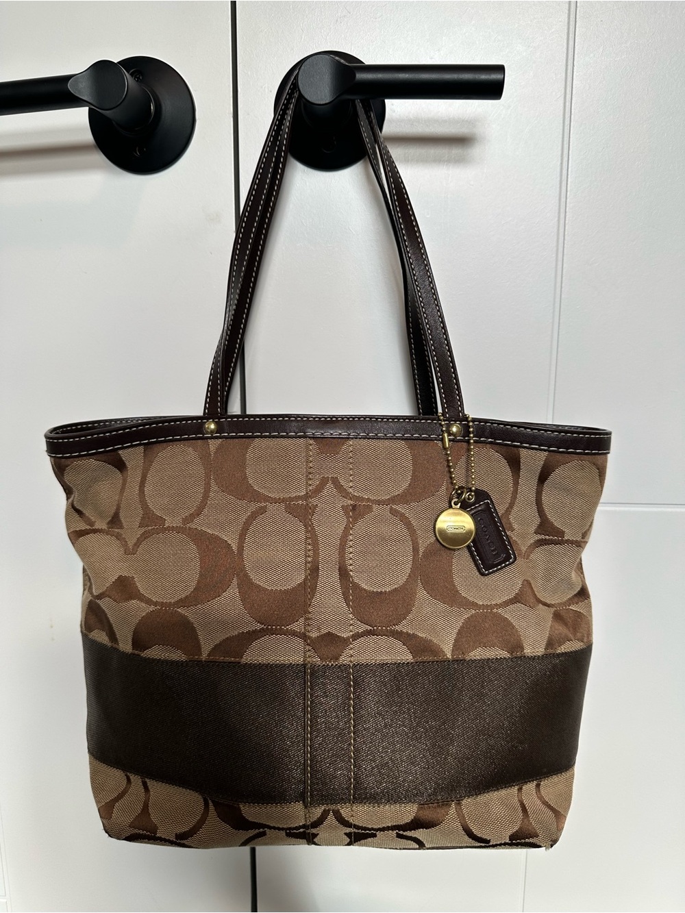 🤎 Coach Signature Stripe Canvas Shoulder Tote Bag 🤎